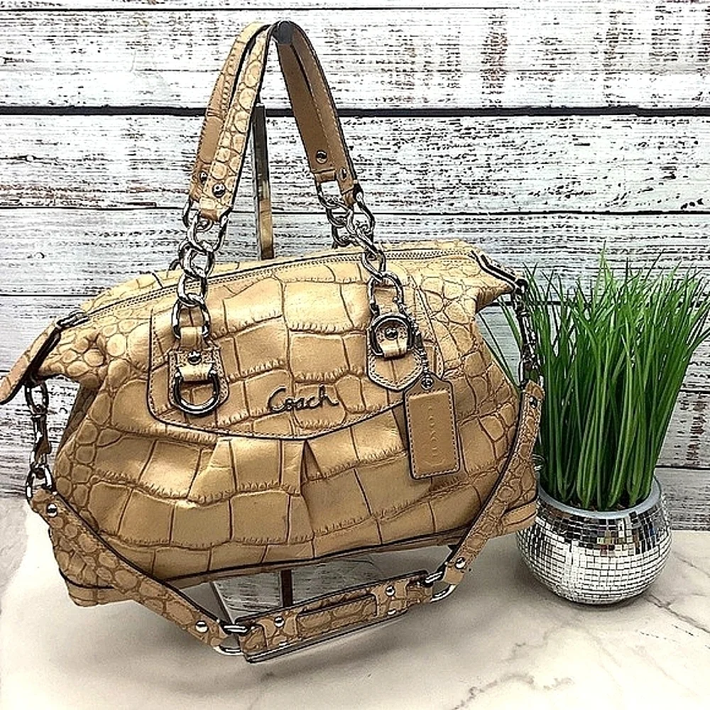 RARE COACH ASHLEY SATCHEL FAUX CROC TAN CAMEL HAND SHOULDER BAG FALL RETIRED GUC